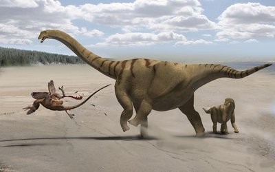 Rekonstrukcja Brontomerus mcintoshi broniącego się przed dromeozaurydem. [autor: Francisco Gascó]